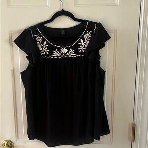 SHEIN Black Blouse with White Floral Embroidery